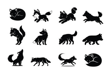 Set of Black Fox Silhouettes A Collection of Running, Howling, and Sleeping Foxes