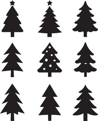 A collection of Christmas tree silhouettes arranged neatly on a white background as a cohesive set of icons.
