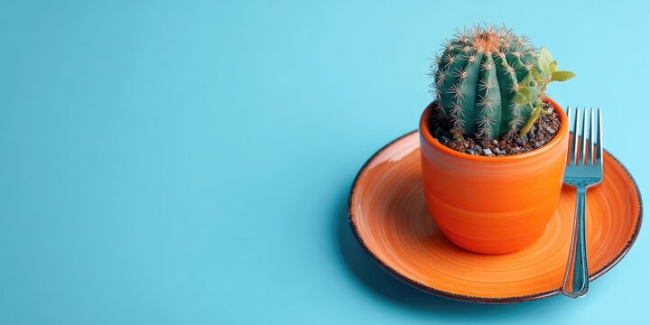 A small cactus in an orange pot, sitting on an orange plate, with a fork beside it, on a bright blue background - Powered by Adobe