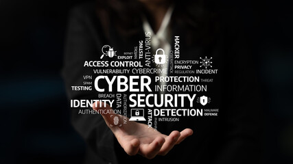 A mesmerizing visual of a hand presenting key concepts of cyber security, showcasing critical elements such as identity protection, detection, and privacy in a digital realm. Tessel