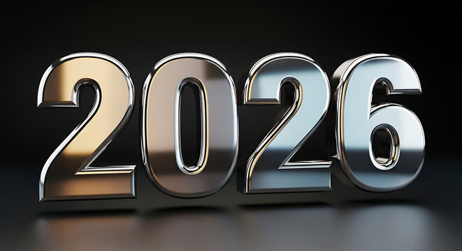 Three dimensional metallic rendering of the year 2026 in shiny silver and gold material against a dark background