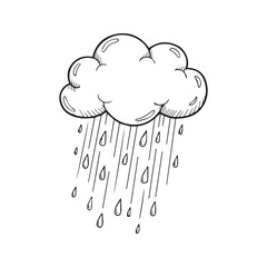 Hand-drawn rain cloud line art. Simple black and white doodle of falling raindrops. Weather vector illustration isolated on white background.
