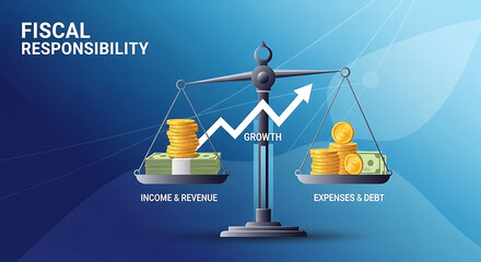 Fiscal responsibility concept showing balance scale between income revenue and expenditure debt for financial growth