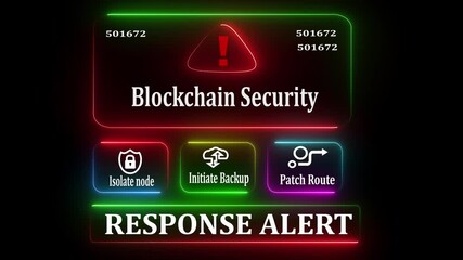 Blockchain Security response notification on digital interface in data center server room with isolate node initiate backup patch route options animation on black background.