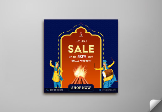 Editable Lohri Festival Sale Social Media Post Template with Punjabi Couple in Bhangra and Forty Percent Discount on All Products in Blue and Brown Color Theme.