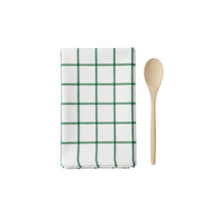 Neatly folded white linen kitchen towel, forest green checkered, and elegant light wooden stirring spoon, on solid transparent, premium kitchenware concept