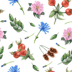 flowers, rosehip leaves and berries, chicory, seamless botanical pattern, watercolor illustration for fabric, packaging, stationery, and tableware