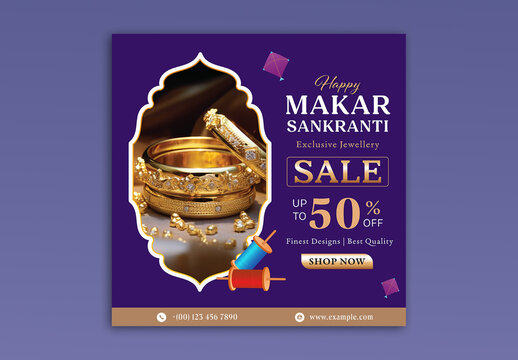 Editable Happy Makar Sankranti Jewellery Sale Social Media Post Template with Elegant Gold Bangles and Fifty Percent Discount Offer in Purple Color Theme Design.