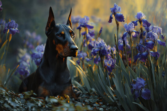 An adult Doberman in a blooming field of purple irises flowers