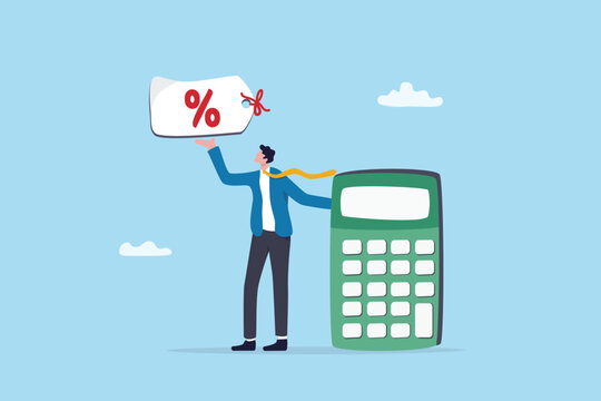 Price discount calculation, offer sale percentage promotion, marketing or advertising value, bargain deal commercial, special price, man with bargain percent discount price tag with calculator.