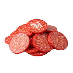 Vibrant red pepperoni slices with visible texture and sea salt garnish, artfully arranged on a seamless transparent background with studio lighting. Commercial product concept