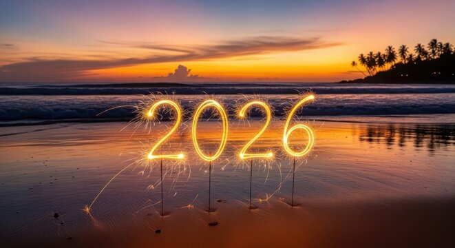 Sparkler 2026 on a tropical beach at sunset, celebrating the new year