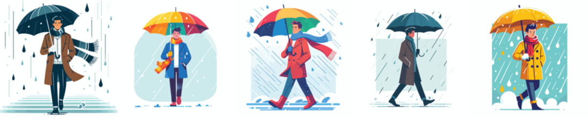 vector of man walking with umbrella in the rain