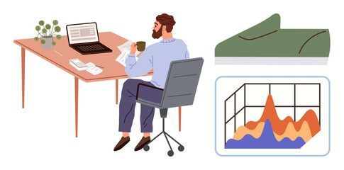 Man with coffee analyzing papers at laptop, casual sofa nearby, graph visualizes data trends. Ideal for remote work, productivity, comfort, data analysis, multitasking, home office setups work-life