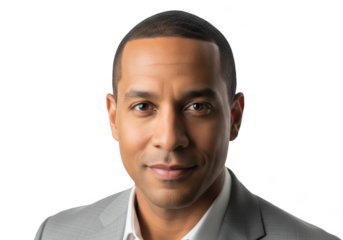 A professional headshot of a man in a gray suit, business suit, dress shirt, face, gray, man, portrait, pose, shirt, smile, stare, suit, tie, wear 