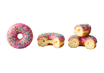 Three artisanal donuts: whole pink with rainbow sprinkles, half-bitten revealing fluffy interior, and broken, on a seamless transparent background. High-key commercial food photography concept