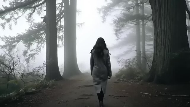 Woman walking foggy forest path.