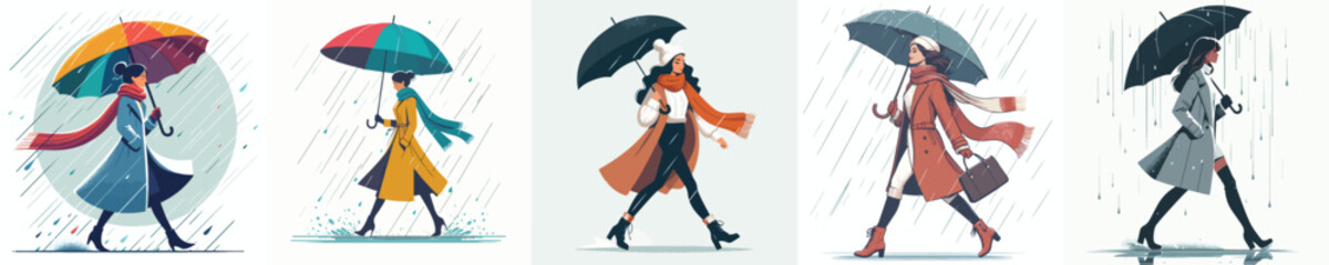 vector of woman walking with umbrella in the rain