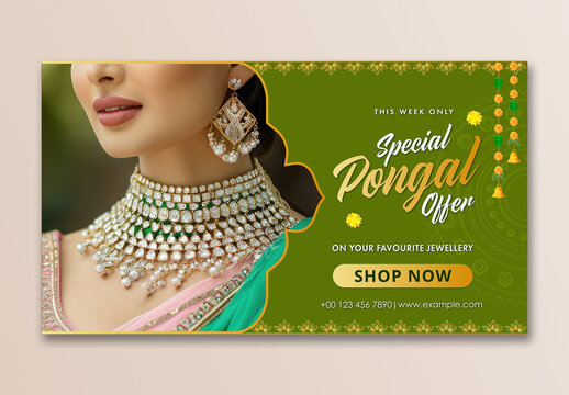 Editable Pongal Festival Sale TV Ads Banner with Special Offers on Jewellery in Green Color Theme.