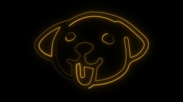 Happy dog neon icon. Yellow puppy outline. Glowing animal face. Minimalist pet logo. Tongue out lineart. Black background glow. Simple vector design. Digital illustration. Luminous doggy sign. Friendl