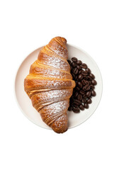 Golden-brown artisan croissant, perfectly formed with crisp flaky layers and powdered sugar, next to glossy dark coffee beans on a minimalist white plate, clean studio food photography, gourmet