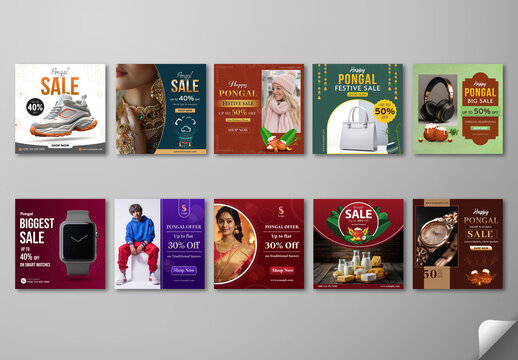 Editable Happy Pongal Festival Sale Social Media Post Set with Different Discount Offers on Footwear, Jewellery, Clothing, Electronics and Dairy Products.