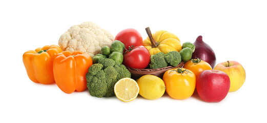 Different fresh raw vegetables and fruits isolated on white