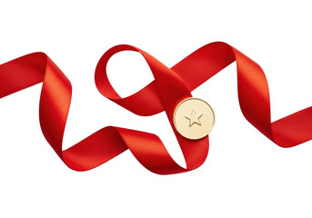 Vibrant scarlet red satin ribbon in an elegant loop, small polished gold medal with a star precisely placed within, isolated against a seamless transparent background. Concept of prestige, luxury, and