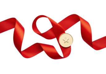 Vibrant scarlet red satin ribbon in an elegant loop, small polished gold medal with a star precisely placed within, isolated against a seamless transparent background. Concept of prestige, luxury, and