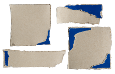 Pieces of torn paper box packaging featuring blue and gray color