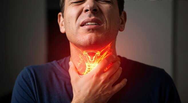 Man experiencing sore throat with red glowing esophagus and trachea representing pain. Concept of medical illustration for illness, health issues.