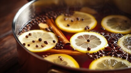 Fat Burning Spice Tea With Ginger, Lemon, and Cinnamon Boiling in Pot for a Healthy Belly Detox Drink