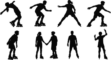 Inline Roller Skater Silhouette Vector Set, Capturing Dynamic Poses, Active People, and Couples Enjoying Urban Fitness, Sport, and Leisure Activities.