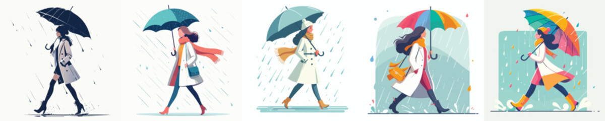 vector of woman walking with umbrella in the rain