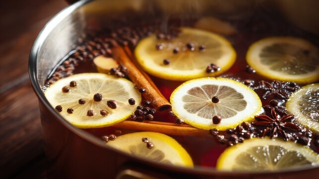 Fat Burning Spice Tea With Ginger, Lemon, and Cinnamon Boiling in Pot for a Healthy Belly Detox Drink - Powered by Adobe