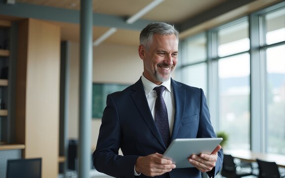 Happy middle aged business man ceo wearing suit standing in office using digital tablet. Smiling mature businessman professional executive manager looking away thinking working on tech device.