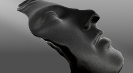 Dark abstract sculpture of stylized human face in profile with smooth matte texture and dramatic lighting. Minimal surreal composition with depth, contrast, against neutral background