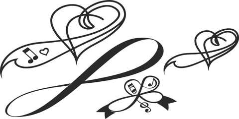 Elegant musical notes and hearts intertwined with flowing ribbon shapes, symbolizing love and music, isolated on white background