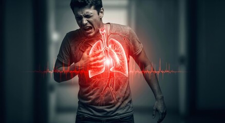 Man clutching chest with painful expression showing glowing heart and lungs with ECG waveform. Health issue, cardiopulmonary disease concept.
