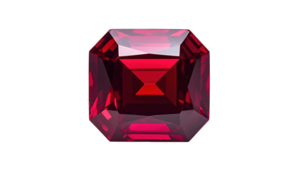 A radiant, faceted red gemstone, square-cut, isolated against a stark black background