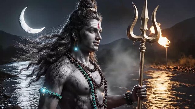 Powerful Hindu God Lord Shiva with Trident at Night by a River.