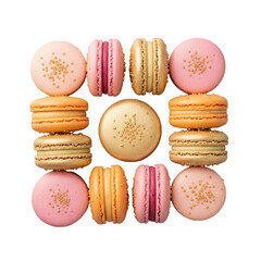Gourmet macarons in blush pink, apricot, champagne gold with gold sugar crystals, isolated on a transparent background, 45-degree overhead, ultra-photorealistic, concept of luxury dessert