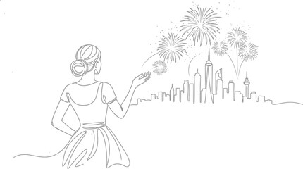 Woman watches fireworks over city skyline in continuous line drawing style art