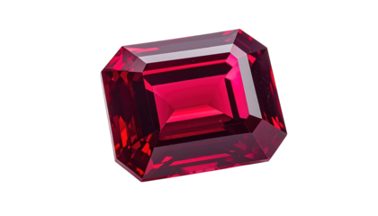 Faceted rectangular gemstone with rich crimson color against a black background