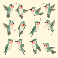 Flying Bird Illustration Set with Heart Accents