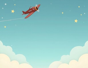 Flying Airplane with Stars and Clouds Cartoon Illustration