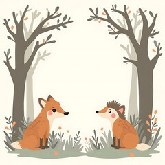 Fox and Hedgehog Sitting in a Forest Glade Artwork