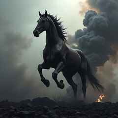 Galloping Dark Horse Amidst Volcanic Landscape and Smoky Sky