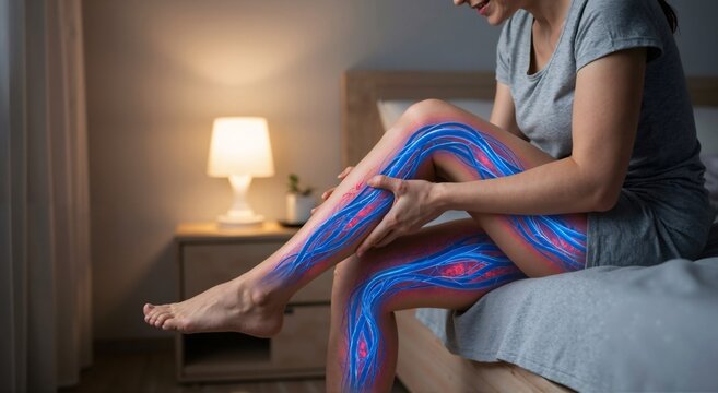 Woman suffering from leg pain, with visible digital arteries and veins overlay. Varicose veins and circulatory system issue concept.