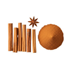 Natural cinnamon sticks, ground powder, and a star anise pod artfully arranged on a transparent background in a top-down flat lay, bright studio lighting, commercial product display concept